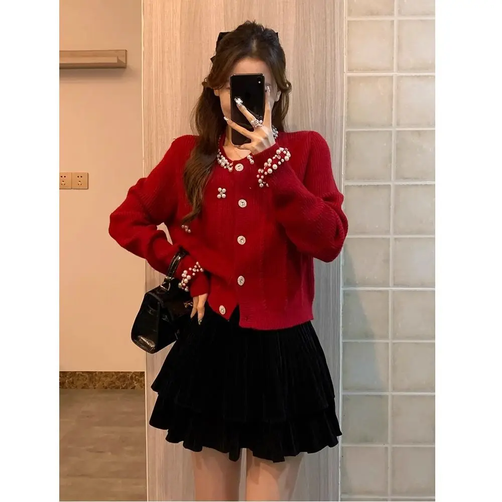 Ropa Para Mujer Pearl Beaded Knit Cardigan Women Sweet Long Sleeve Button Up Loose Fit Soft Sweater Coat Casual Daily Outerwear