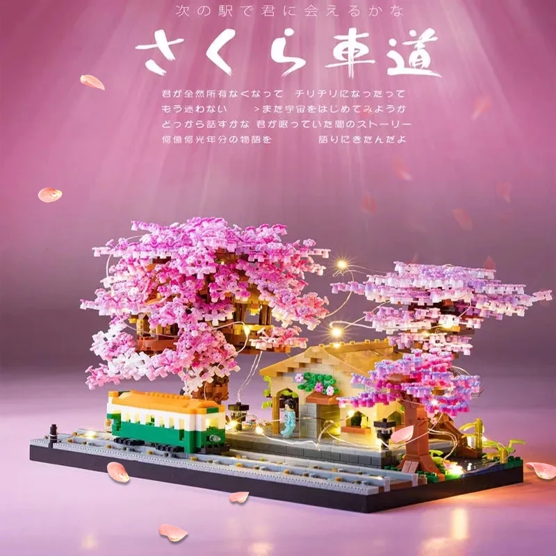 Sakura Flower Treehouse DIY Model Micro Building Block, decoraciones interiores, vista de calle creativa, ladrillo, flor de cerezo, juguete para