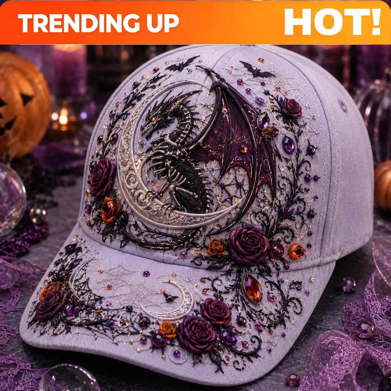 Customization Skeletal Dragon Crescent Baseball Cap, Gray Gothic Design With Bone Dragon, Dark Roses, Moon And Vintage Jewel Ins
