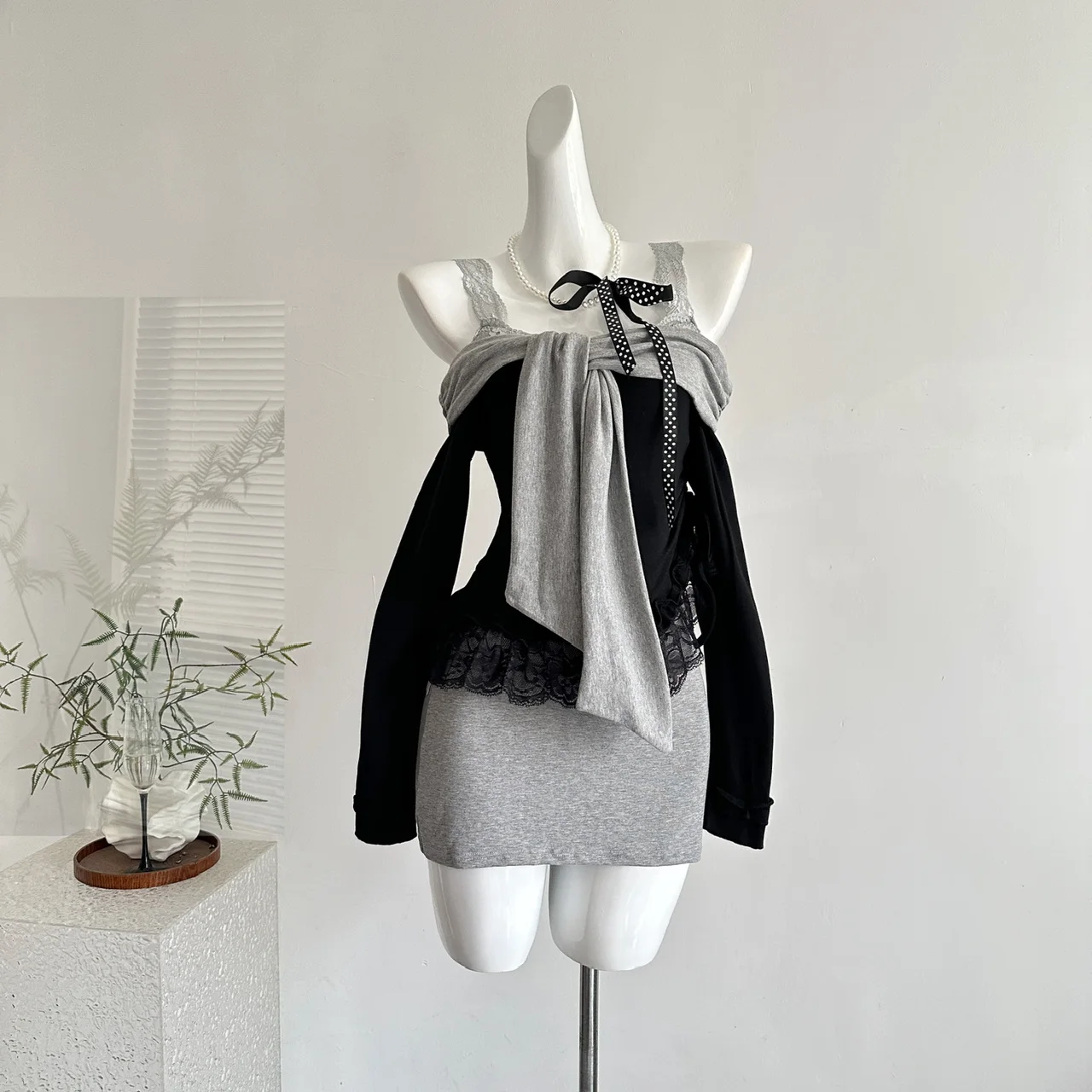Autumn Korean Retro High Street Casual Y2K 2 Piece Set Women's Long-sleeve Blouse+Backless Spaghetti Strap Dress Sexy Chic Set