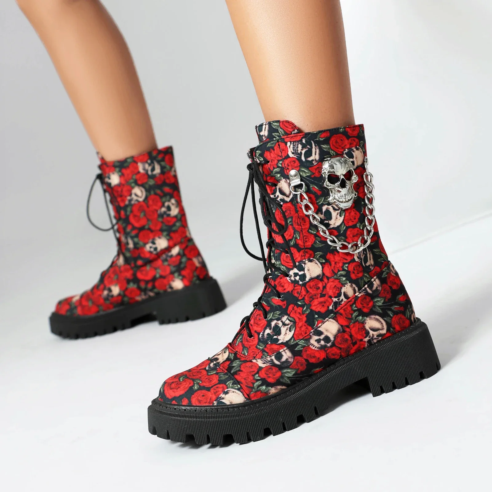 2024 new autumn winter women ankle boots plus size 22.5-26cm pu/printing fabric Metal chain thick soled boots women modern boots image 2