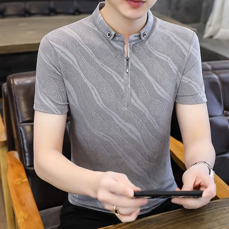 2024 Summer New High End Ice Silk Short Sleeved T-shirt Men\'s Korean Edition Simple Bottom Shirt Trendy Fashion  Casual Top