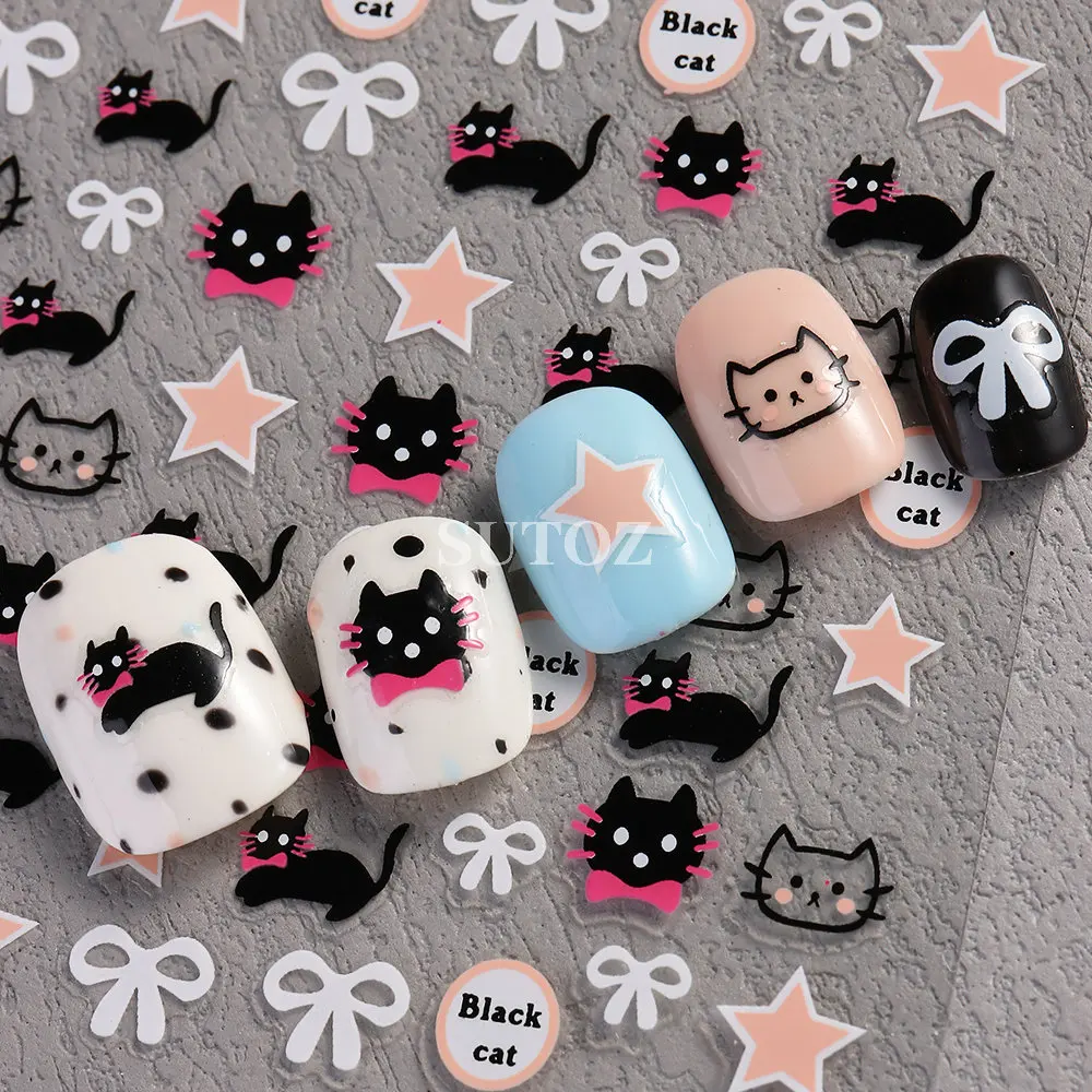 Desenhos animados gato unhas adesivos, decalques Black Star, branco Bow-nó Sliders para unhas, encantos infantis, decoração de manicure, LEBSU-35, 3D