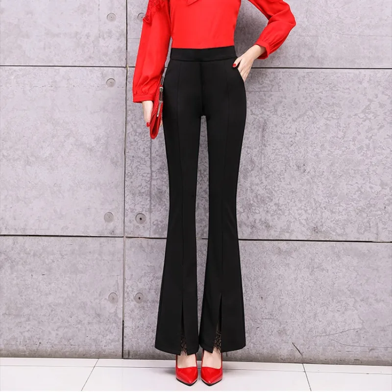 2023 Autumn and Winter Women's High Waist Pockets Lace Split Solid Slim Fashion Casual Elegant Commuter Speaker Pants