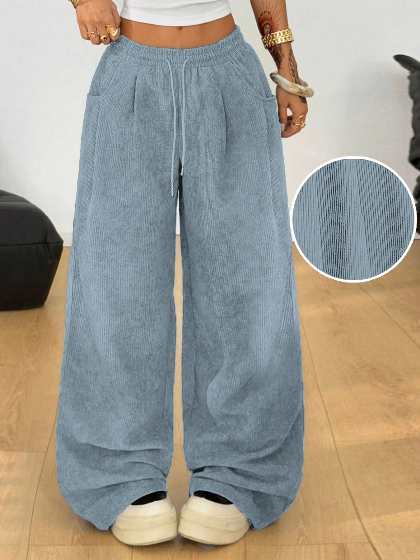 Damen Retro Cord Cargo-Hose Lässige Kordelzug Gerade Sporthose Fließende Alltags-Pendlerhose mit Weitem Bein – Detail 16