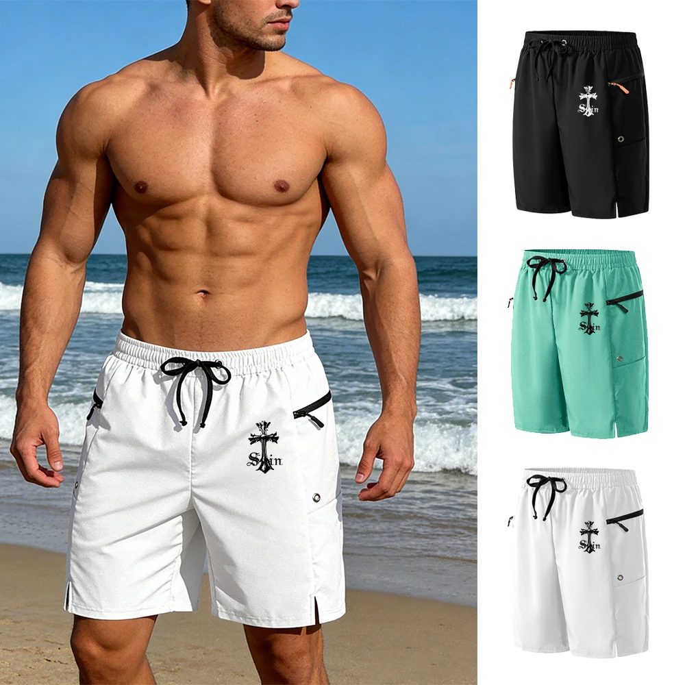 

Мужские повседневные шорты с принтом крест-накрест, новинка 2026 года, с сетчатой подкладкой и карманами на молнии, быстросохнущие пляжные шорты-плавки
