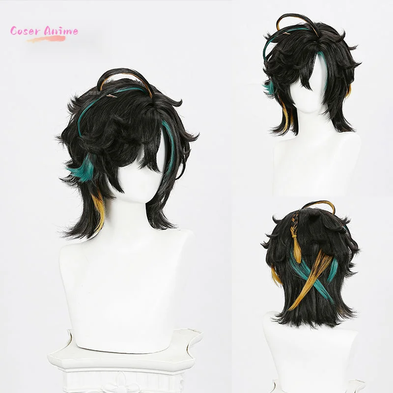 Jogo genshin impacto kinich turnfire caça peruca cosplay masculino azul escuro curto penteado cabelo resistente ao calor perucas sintéticas boné prop