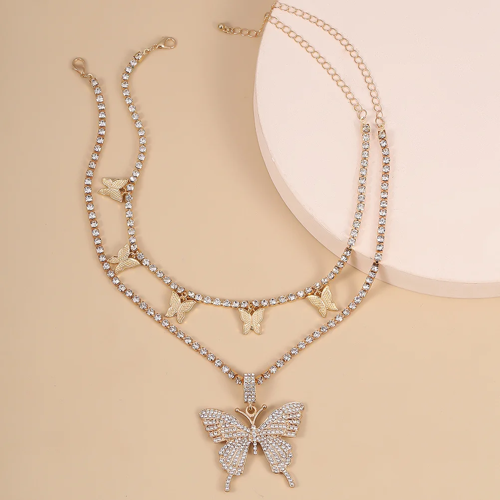 

1 Set Butterflies Necklace Rhinestone Butterflies Neck Chain Decorative Jewelry