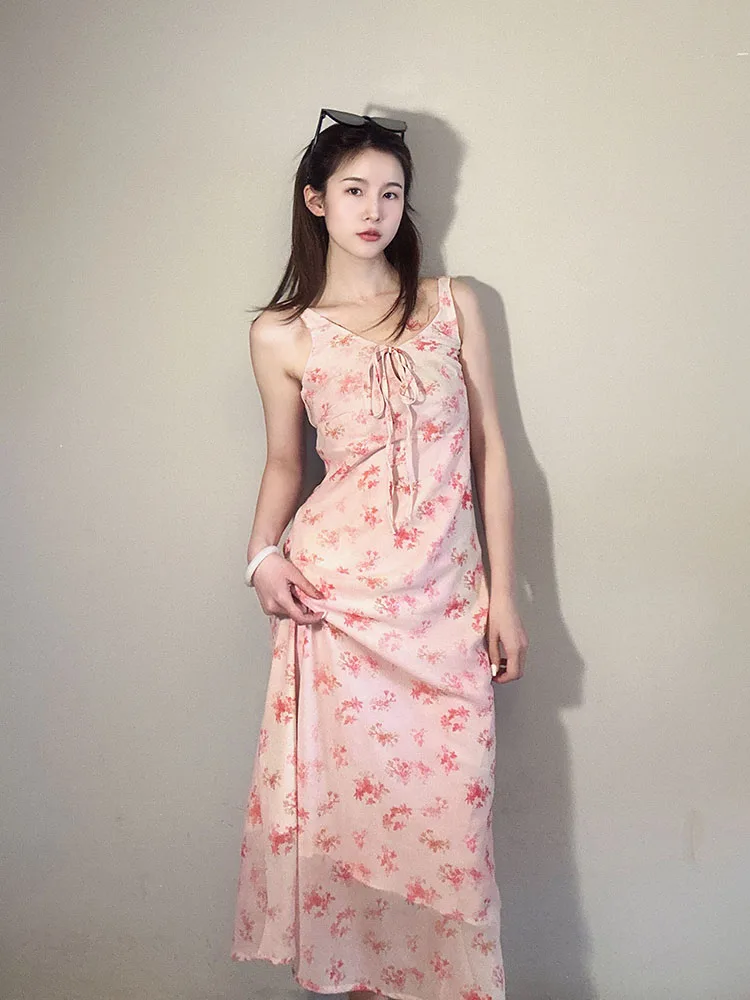 

Retro Floral Suspender for Women's Dress Summer Sleeveless Slim Fit Dress 2024 New Fashion Casual Long Skirt