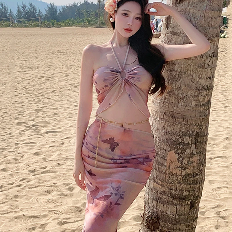 Sexy Pleated Seaside Holiday Strap Dresses For Women Printing Large Swing Long Dresses Summer Backless Casual Sundress Vestidos