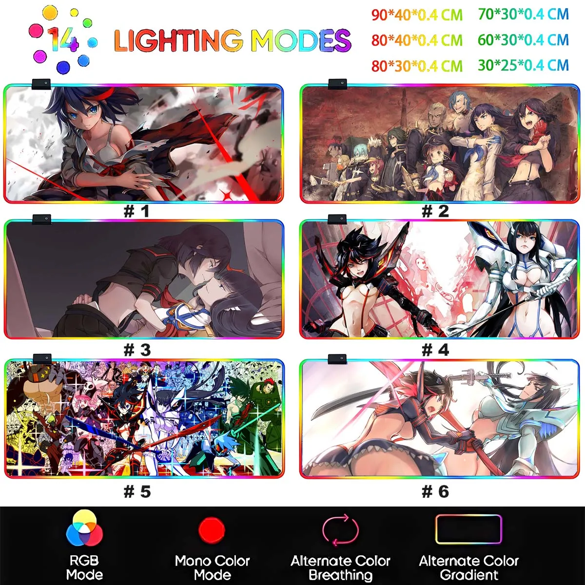 Anime Grils KILL la KILL Matoi Ryuko Mouse Pad LED Mousepad Besar Bercahaya RGB Backlit Mouse Pad Meja Gaming Keyboard Mouse Mat