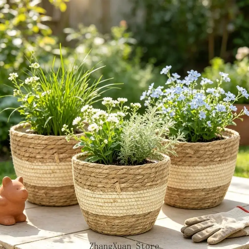 3 Stück neutrale farbblockierte Blumentopfkörbe, abgestufte Naturfaserabdeckungen 3XUF – Detail 8