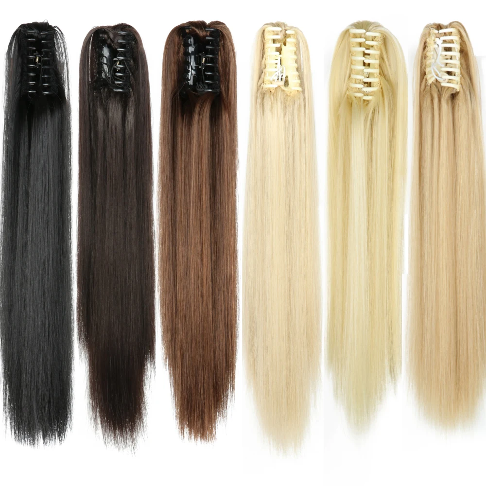 AZQUEEN-extensiones de cabello sintético de 24 pulgadas, coleta larga y recta con Clip, color negro, marrón, Rubio, fibra resistente al calor