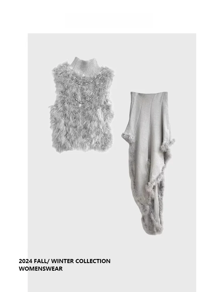 

Faionable Knitted High Collar Svel Top And f Skirt Set Women's Autumn Winter New Sle Forever 2 Design Sense