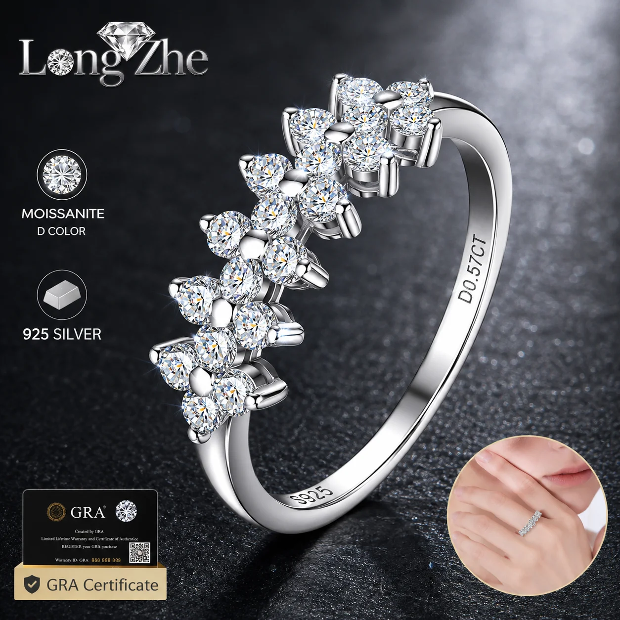 

S925 Sterling Silver Moissanite Clover Band Ring for Women Geometric Stackable Half Eternity Wedding Daily Wear Fine Jewelry