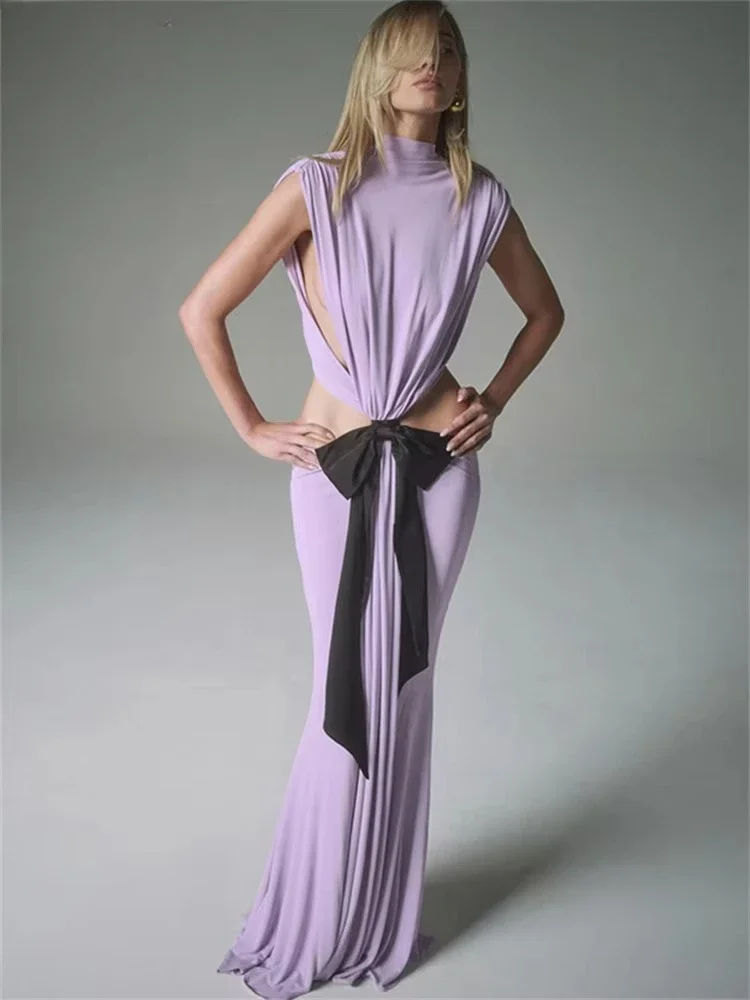 Elegante Frauen Kleidung Sexy Abend Party Niedrige Taille Langes Kleid Nachtclub Bogen Bodycon Aushöhlen Sommer Rückenfreies Kleid