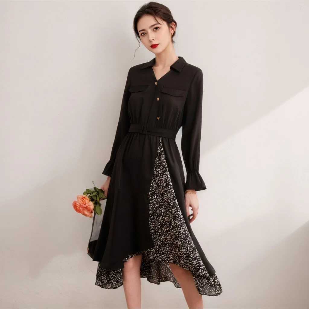 

Spring Summer Irregular Shirt Dress Women Elegant Black Long Sleeve Flower Splicing Party Midi Long Dress Fake Two Pieces Belt