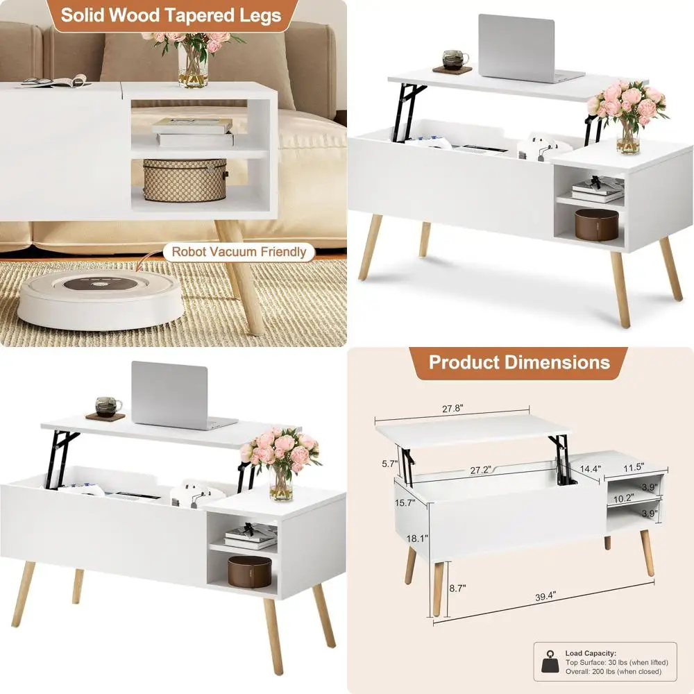 

40 Light Up Coffee Table with Solid Wood Legs, Hidden Storage and Open Shelves for Living Room