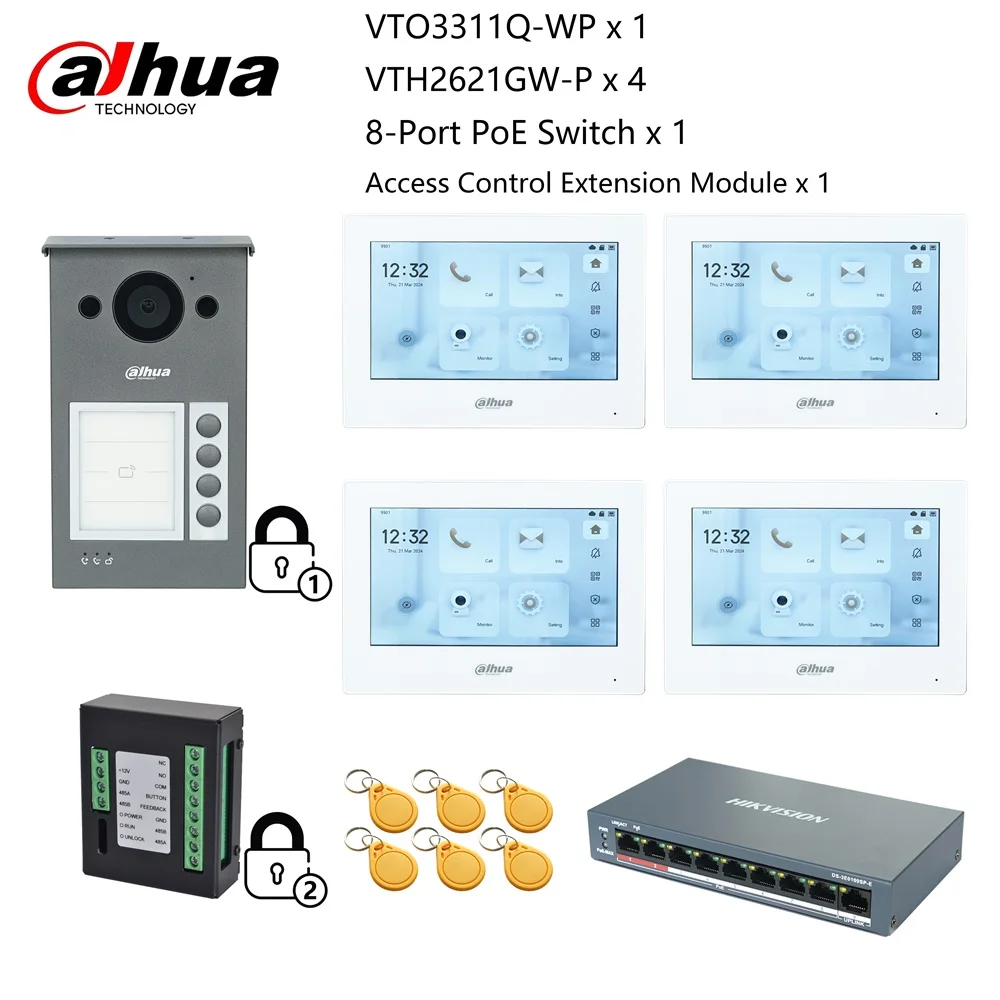 Dahua IP Video Intercom KIT control 2 locks,VTO3311Q-WP & VTH2621G-P & PoE switch, P2P Cloud,1, 2, 3 ,4 buttons are adjustable