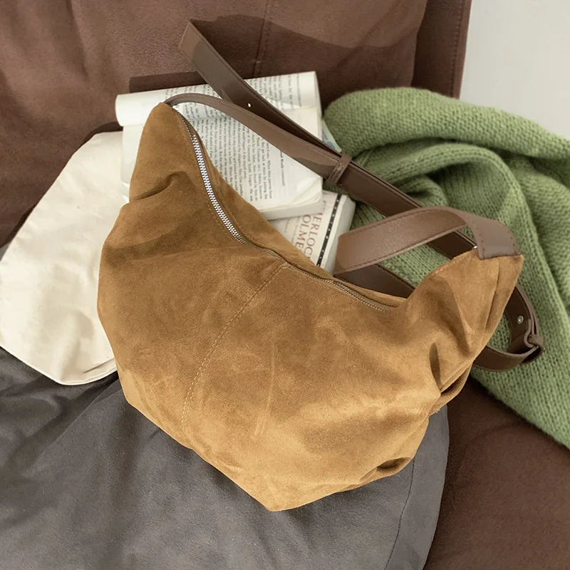 

Vintage Faux Suede Hobo Crossbody Bag 2024 Autumn Winter Retro Solid Color Shoulder Bag Women Korean Fashion Handbags and Purses