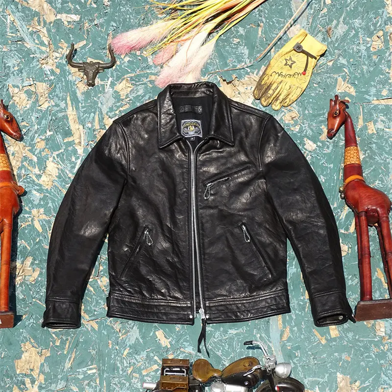 Men Mulholland Drive Lapel Leather Jacket, Water Wave Grain Top Grain Oiled Wax Horsehide Slim Fit Genuine Leather Outerwear