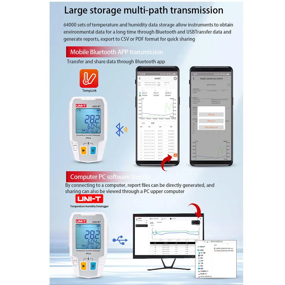 UNI-T A56 BT Bluetooth Temperature Humidity Datalogger Storage of 64000 Bluetooth temperature and humidity measurement data