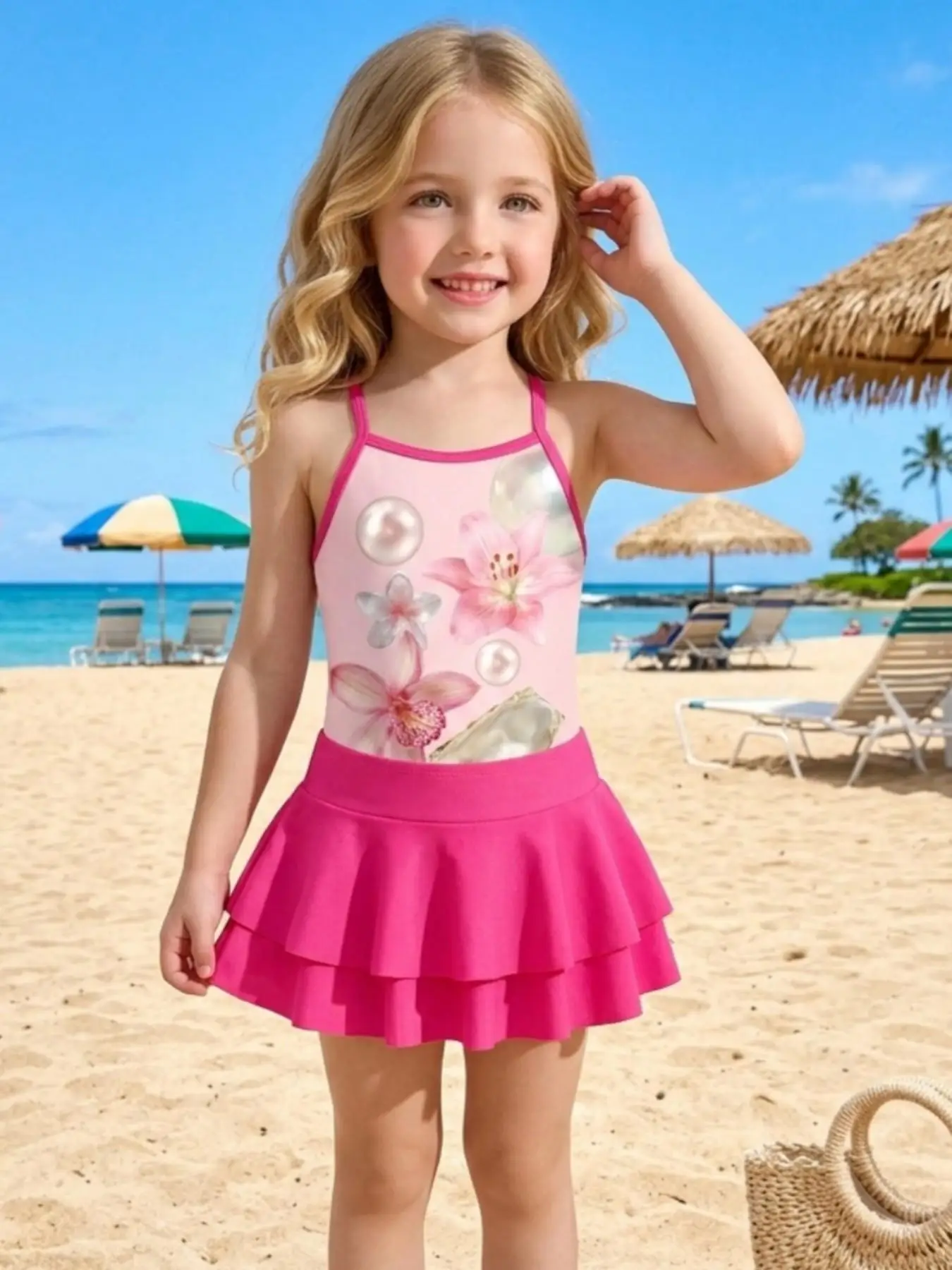 Girls' Summer Casual Swimwear, Girl's Suspender One-Piece Swimsuit + Skirt Two-Piece Set, Kidsren's Printed Swimsuit in Rose Pink, Fashionable and Cute, Suitable for Girls Aged 4-12, Beach Clothes