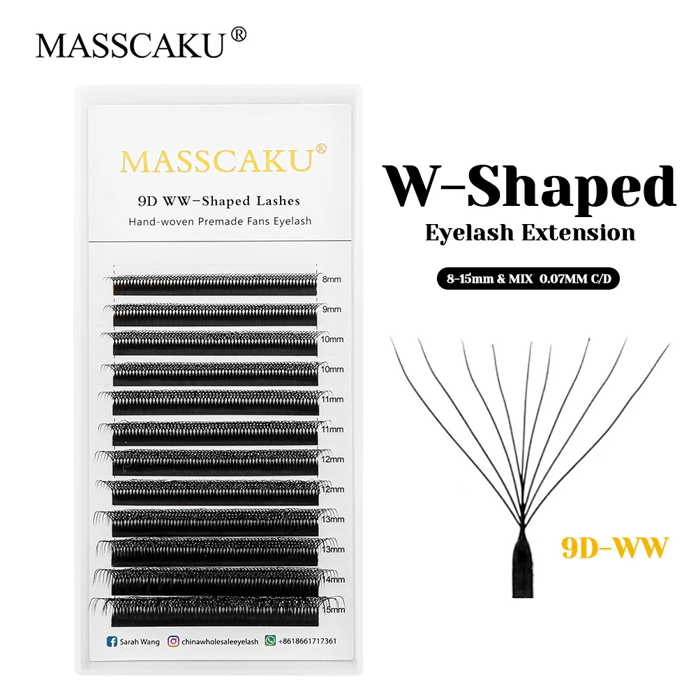 

12 Rows MASSCAKU 0.07mm Thickness 3D Effect Lightweight W Design Eyelash Premium Velvet Fiber W Shaped Premade Fans Lashes Trays