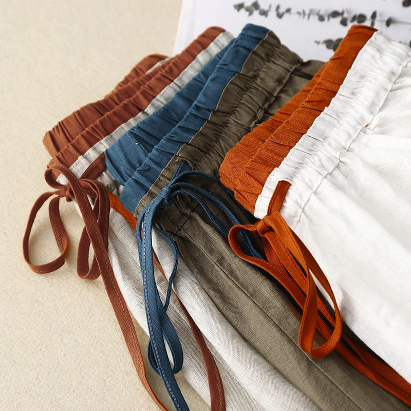 Solto tamanho grande calças harém femininas algodão linho cintura alta nove pontos lanterna calças casuais marca tag removido