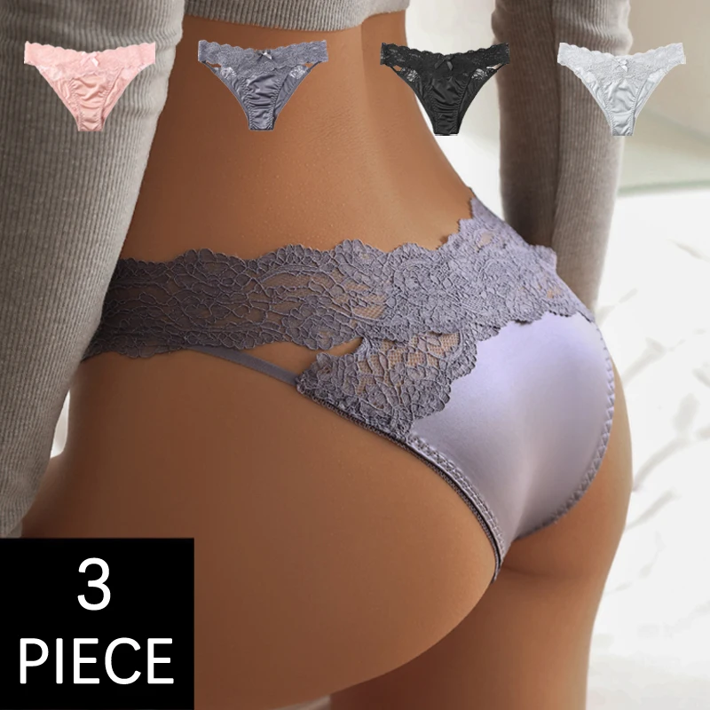 

CINOON 3Pcs/Lot Women Sexy Satin Panties Ladies Lace Temptation Lingerie For Premium Light Luxury G-String T-back Underwear