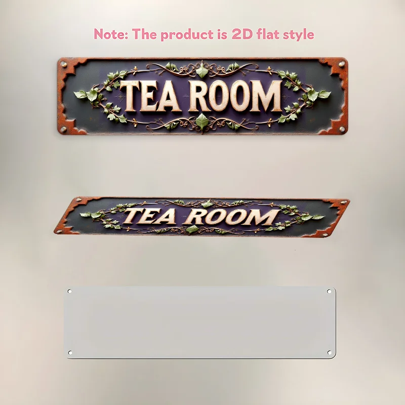 لافتة حائط معدنية مسطحة ثنائية الأبعاد لغرفة الشاي العتيقة - ديكور متجر الشاي مع أوراق مزخرفة وحواف كرمة - حروف شاي بني داكن وذهبي