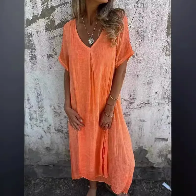 Vestido holgado informal para primavera y verano, traje de lino y algodón de Color liso con cuello de manga corta, 2024