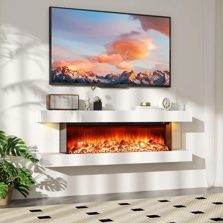 50inch Floating WallMounted Fireplace Mantel with 36inch 3Sided Design 1500W Heating Function LED Ambient Lighting Remote Contr