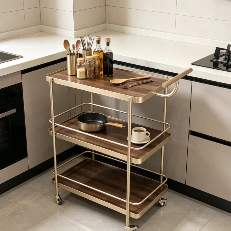3 Tier Rolling Utility Cart with Wood Shelves Metal Frame Storage Trolley for Kitchen Living Room Bathroom Organization