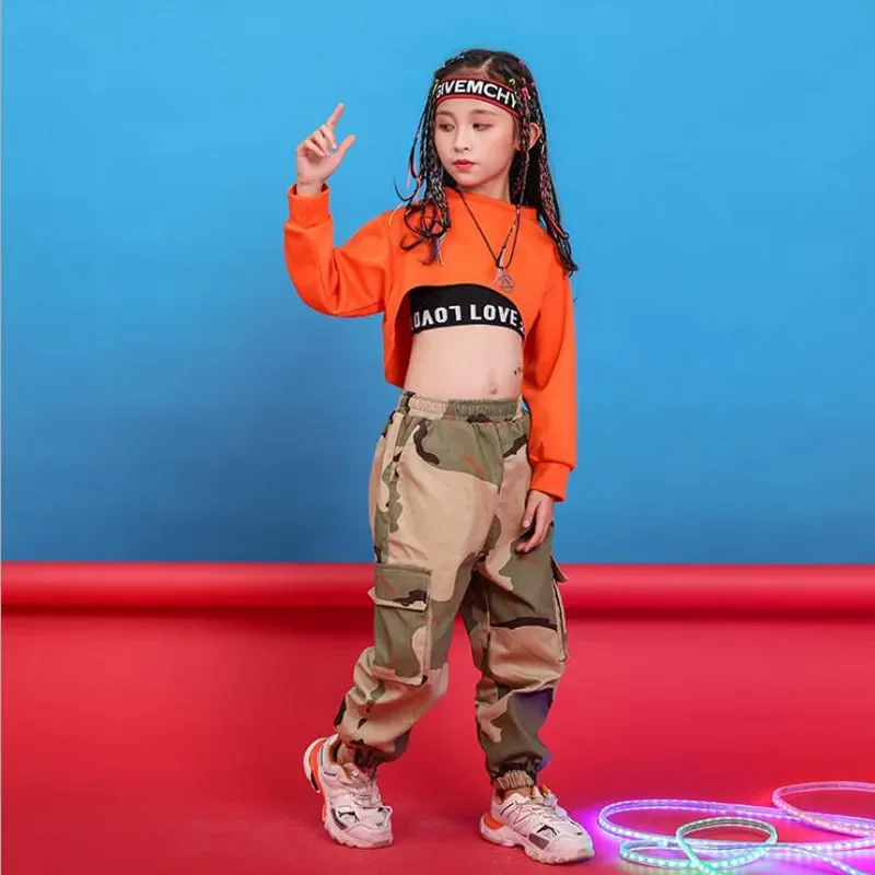 Dance Costume Wear Ballroom Dancing Clothes Children Hip Hop Clothing Sweatshirt Top Crop Running Casual Pants for Girl Kid Jazz