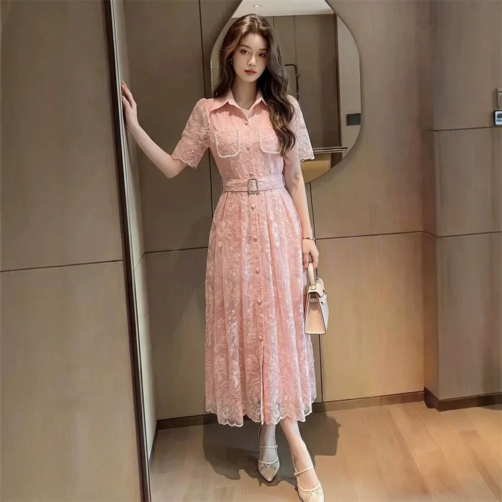 Vestido Maxi Minimalista Color Rosa Pálido con Encaje, Manga Corta, Adorno de Perlas, Bolsillos Bordados, Cintura Ajustada con Cinturón, Elegante Vestido de Oficina para Mujer