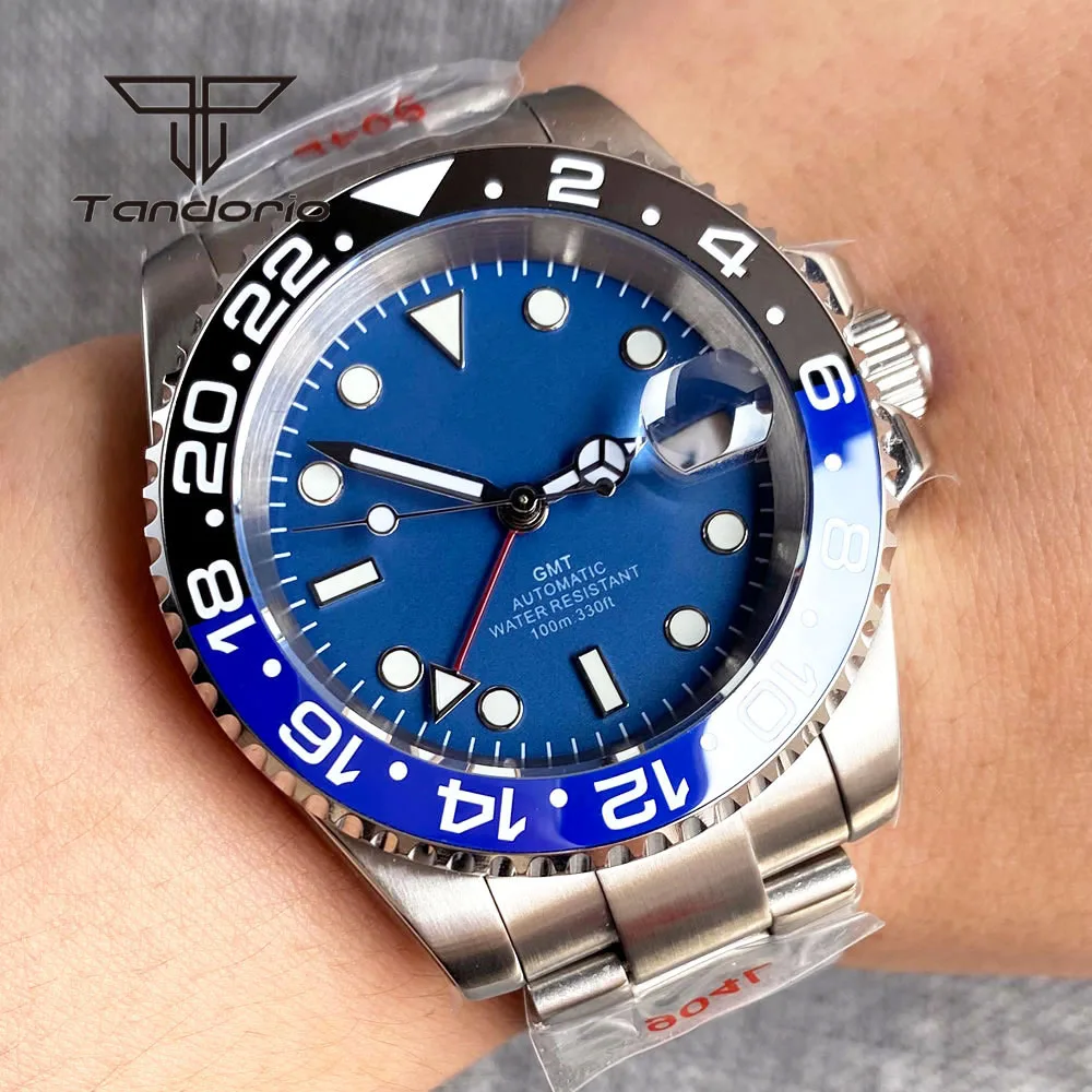 

Tandorio NH34A GMT Function Stainless Steel Automatic Watch for Men Blue Sterile Dial Date Ceramic Rotating Bezel Sapphire Glass