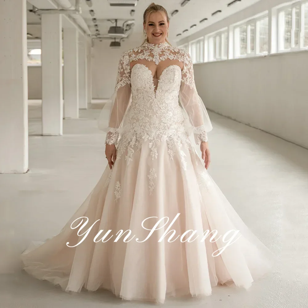 High Neck Illusion Cape Long Bell Sleeve Wedding Dress Sweetheart Plunging Lace Applique Bodice Tulle Ball Gown with Train
