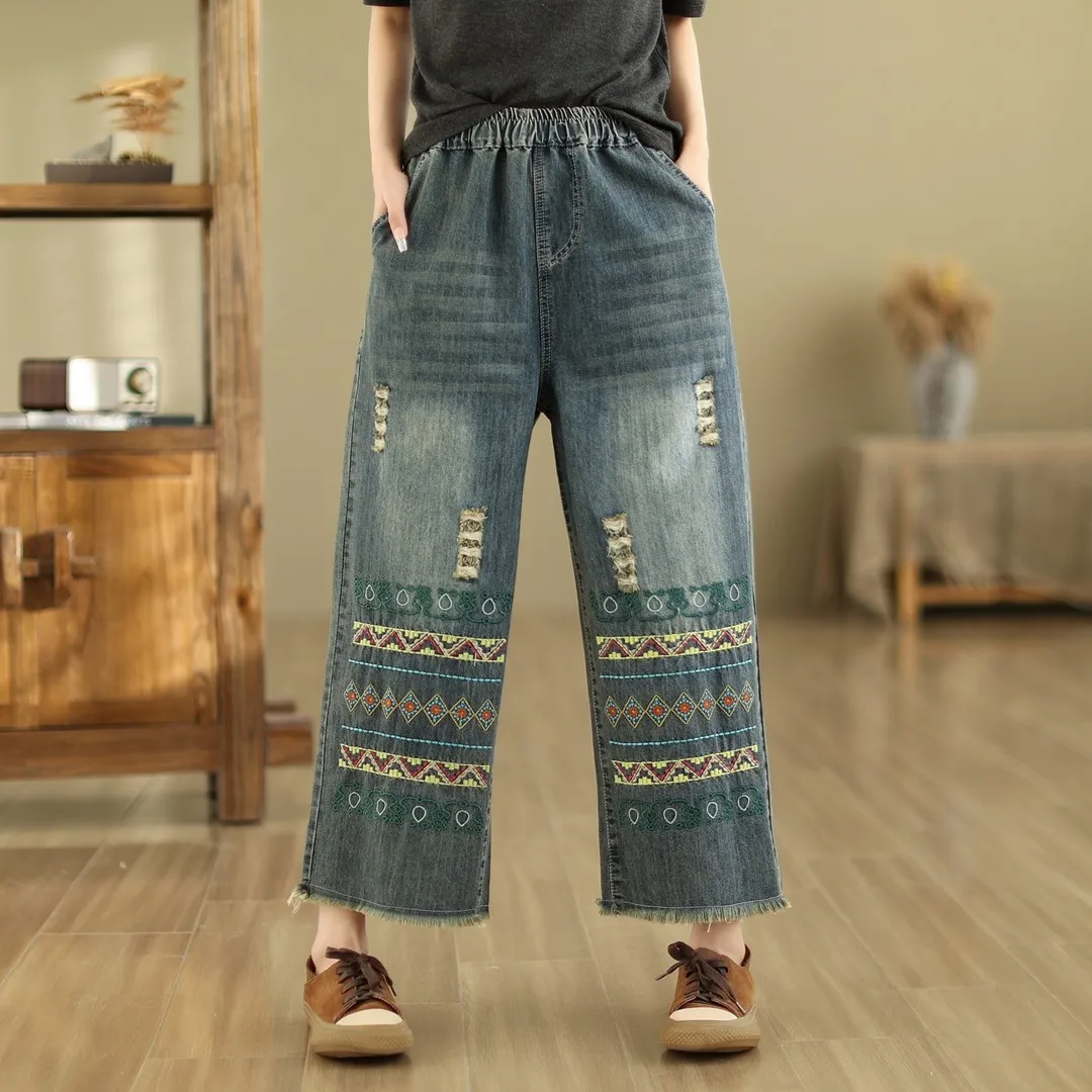 

Vintage Embroidery Jeans Spring Casual Elastic Waistline Women Pants Loose Straight-leg Jeans For Women