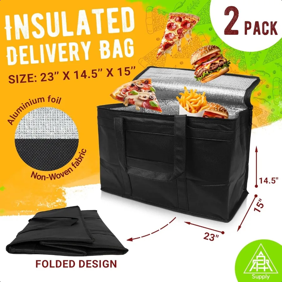 Sac de livraison alimentaire isolé noir. Sacs d'épicerie isolés avec dessus zippé. Sac de restauration pliable pour les livraisons alimentaires. Heavy D