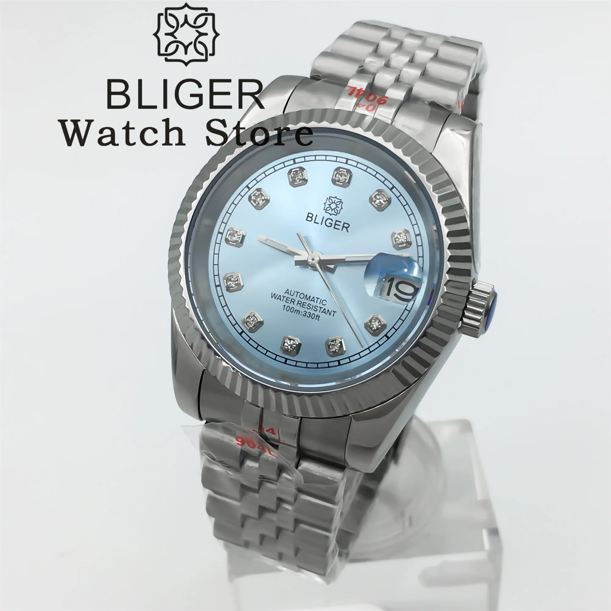 BLIGER 남성용 사파이어 오토매틱 스틸 손목시계, 스카이 블루 선버스트 다이얼, 다이아몬드 마크, 발광 날짜, NH35A, 36mm, 39mm