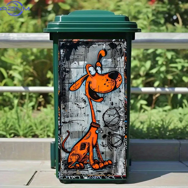 of Sticker for Trash Cans, Measuring 14.57 by 81.99 cm. Features an Orange Cartoon Dog Graffiti Design. A Creative Street Art