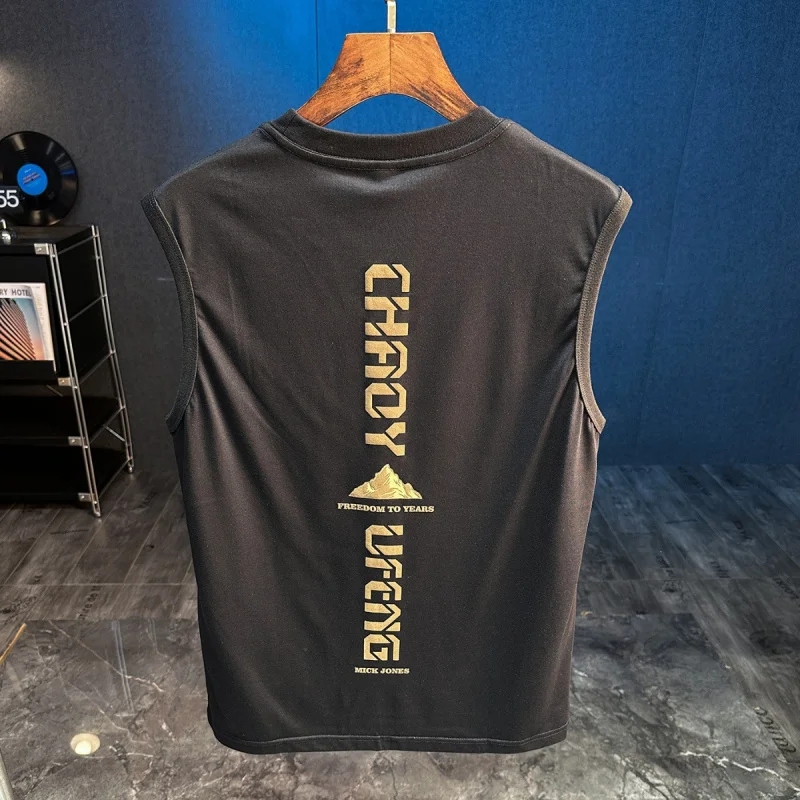 

Summer new American vest men's thin loose print round neck letter sports fitness sleeveless T-shirt