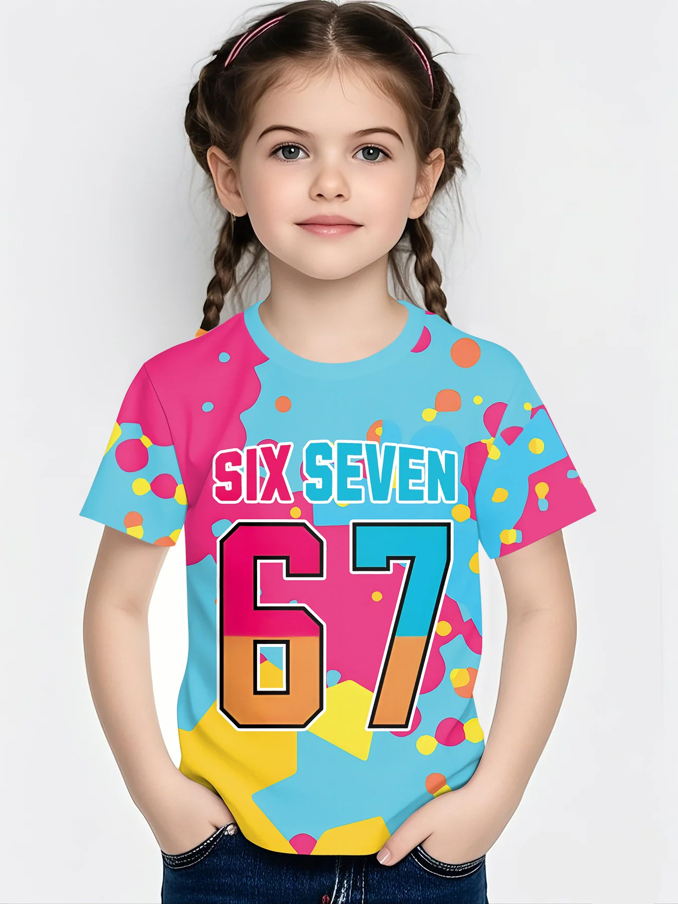 Girls Bright Color T-Shirt, Colorful Blot Pattern SIX SEVEN Number 67 Kids Short Sleeve Casual Tee