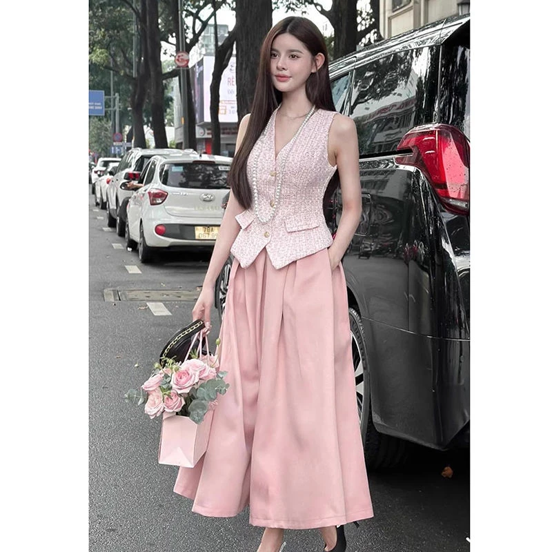 Temperament Fashion Vest Top Pleated Skirt Two-piece Set Women V-neck Single Breasted Sleeveless Sweet Slim Summer Celebrity Set