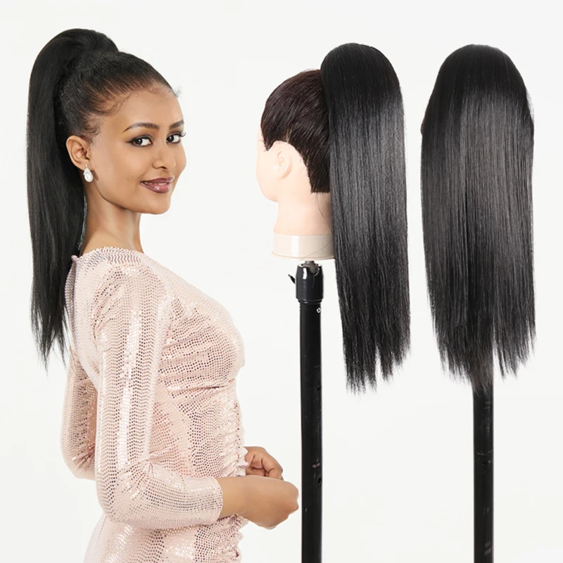 JULIANNA Sintético 20 "Cauda Envergando Kinky Reta Cordão Rabo De Cavalo Hairpiece Preto Pony Cauda Extensão Do Cabelo Para As Mulheres