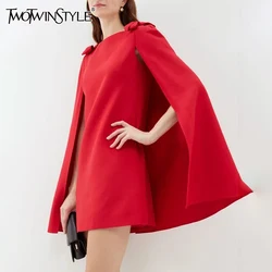 TWOTWINSTYLE Solid Patchwork Bowknot Elegant Dresses For Women Round Neck Cloak Sleeves High Waist Temperament Mini Dress Female