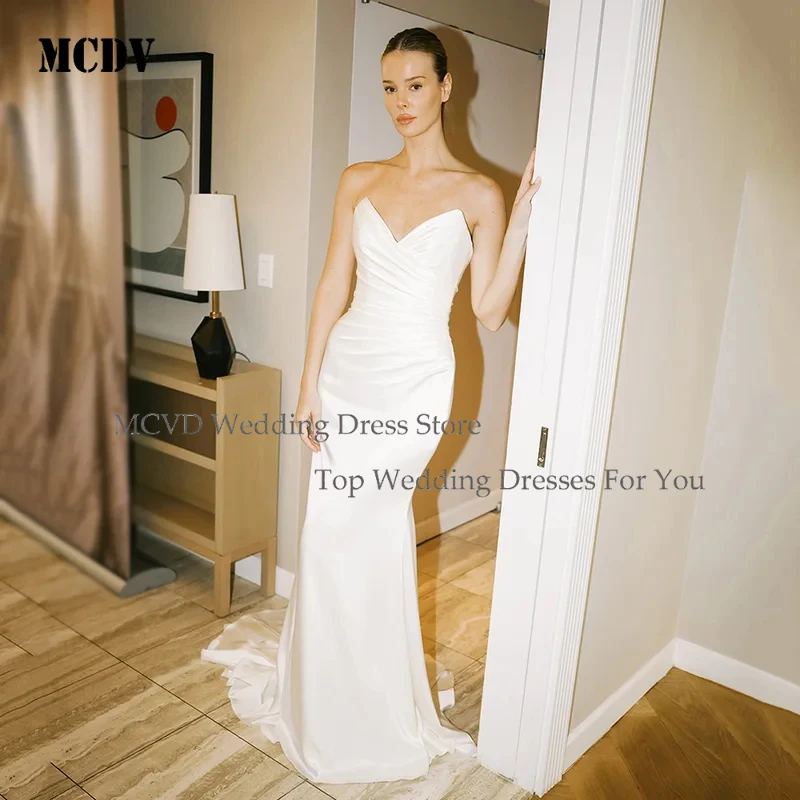 

MCDV Modern White Satin Sweetheart Mermaid Wedding Dresses for Civil Bride with Customized Long Sleeve Lace Appliques Beaded