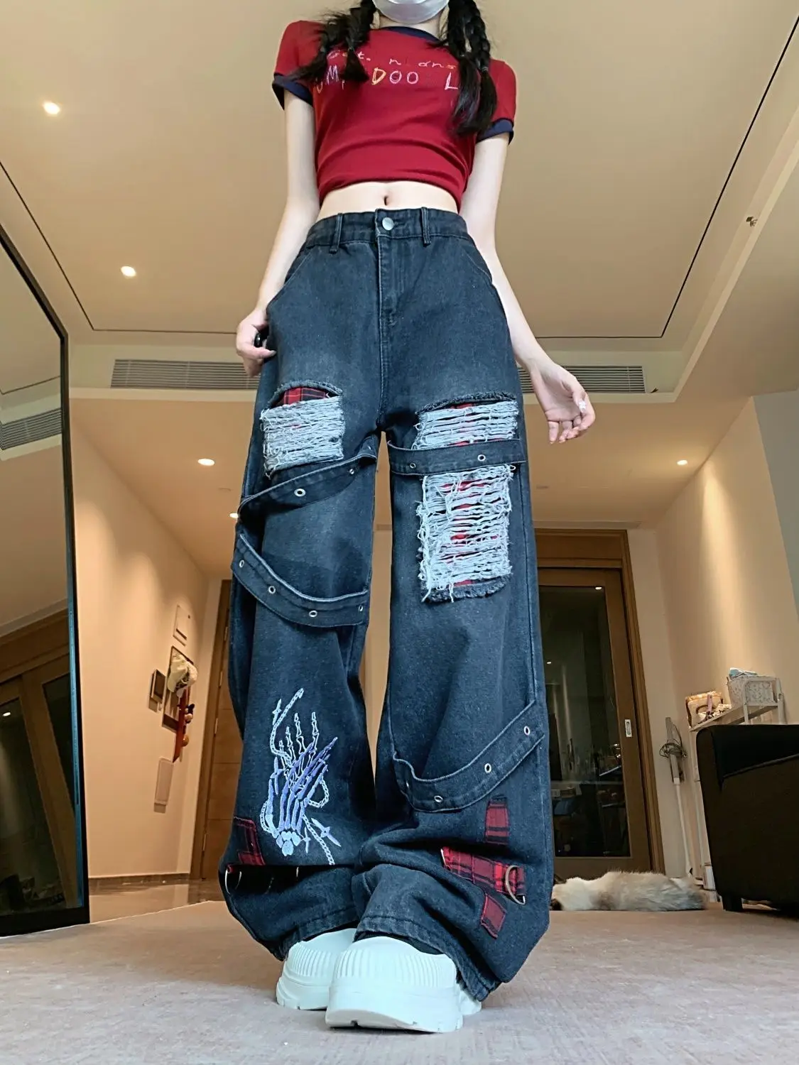 American Contrast Strap Ripped Work Jeans Women Summer New Style Niche Splicing Loose Slimming Wide-Leg Floor Trousers