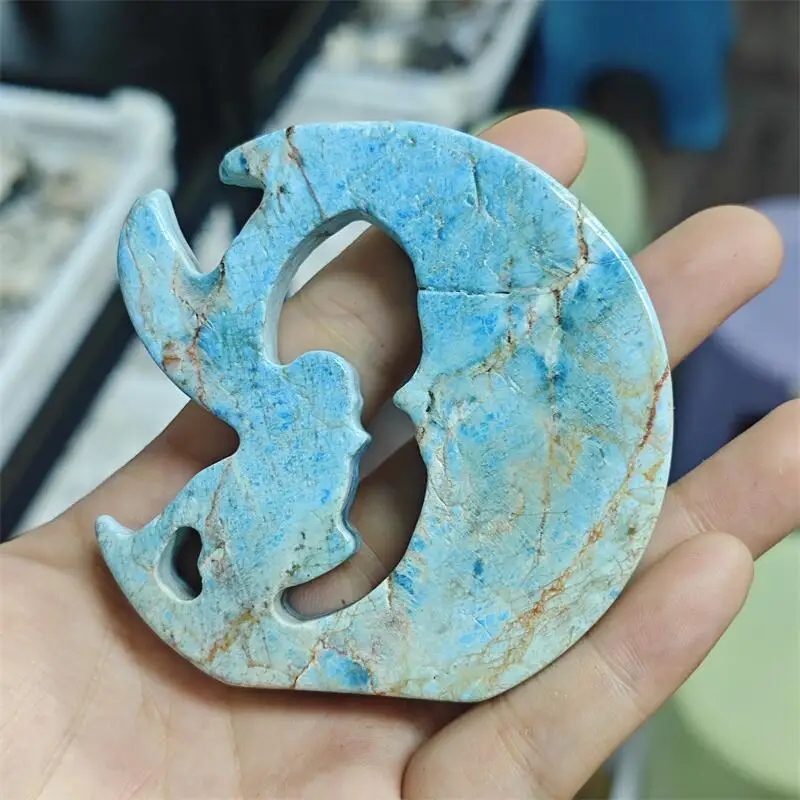 Natural Blue Ppalite Moon Fairy Carving Handmade Animal Powerful Statue For Home Decoration Lucky Gift 1PCS
